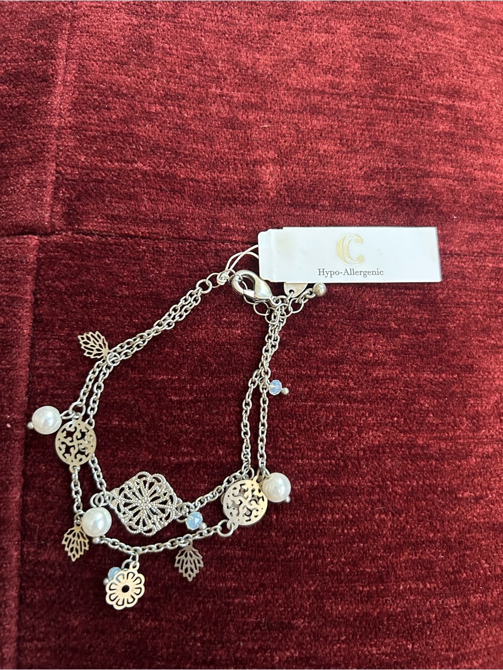 NWT Delicate Silver-Tone Double Charm Bracelet with Pearl Accents & Filigree